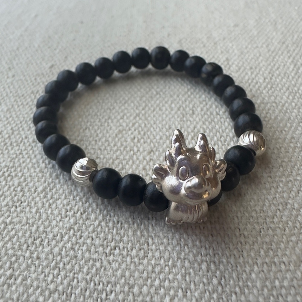 Fine Silver 999 Dragon Charm Beaded Stretch Bracelet for baby
